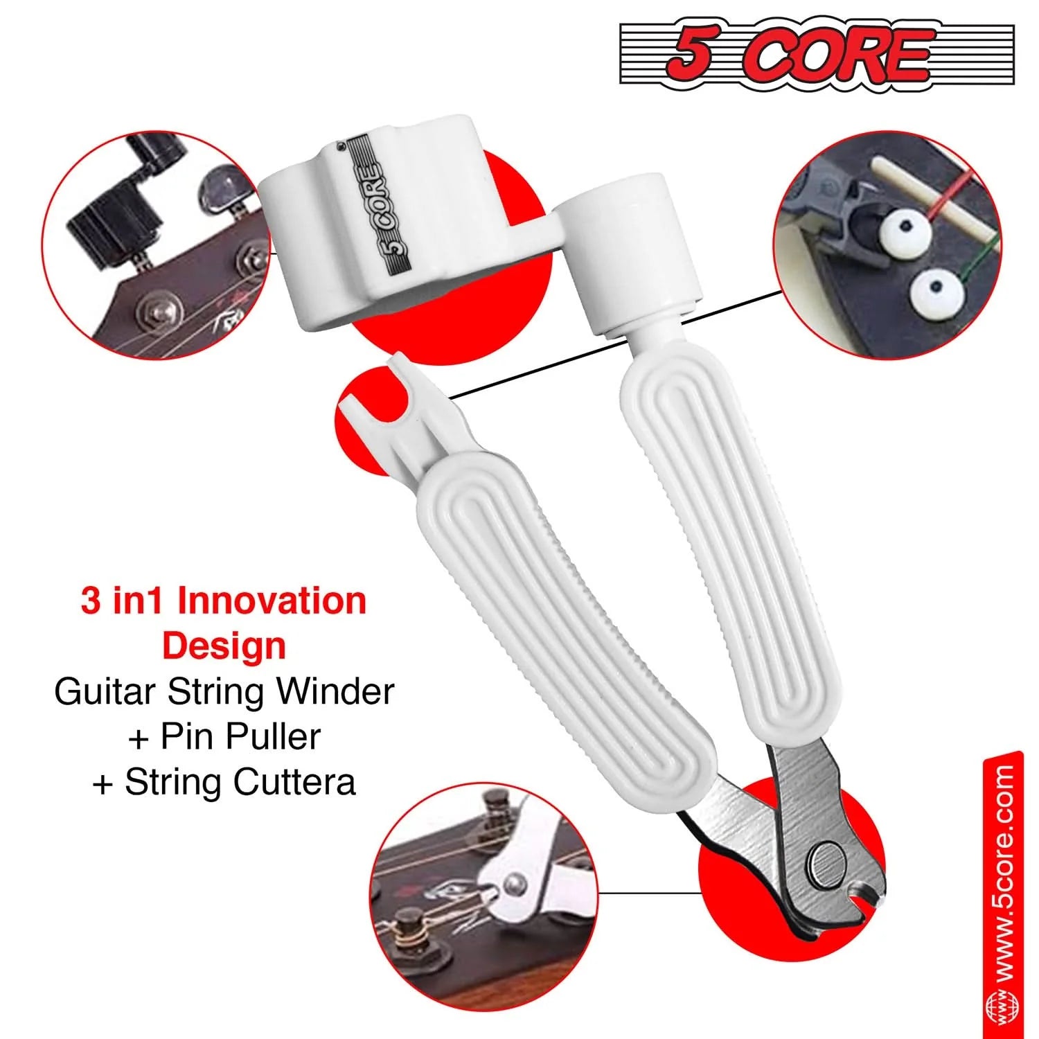 5Core Guitar String Winder Cutter Bridge Pin Remover 3In1 Acoustic