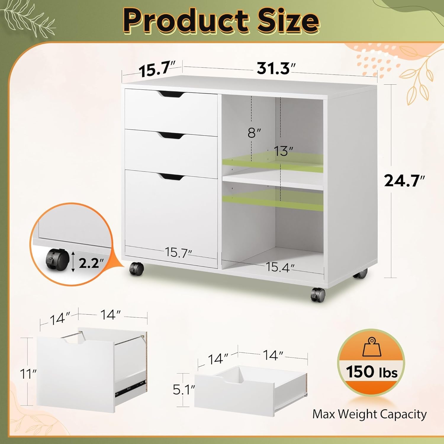 Rolling 3 Drawer File Cabinet With Printer Stand For Office