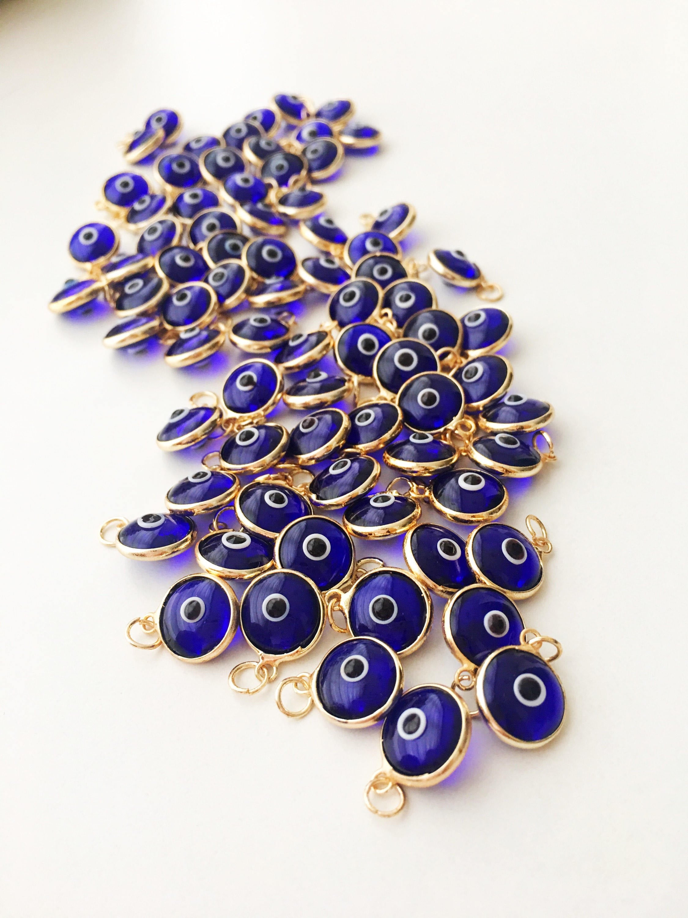 Gold evil eye charm, blue evil eye beads, glass evil eye charms,