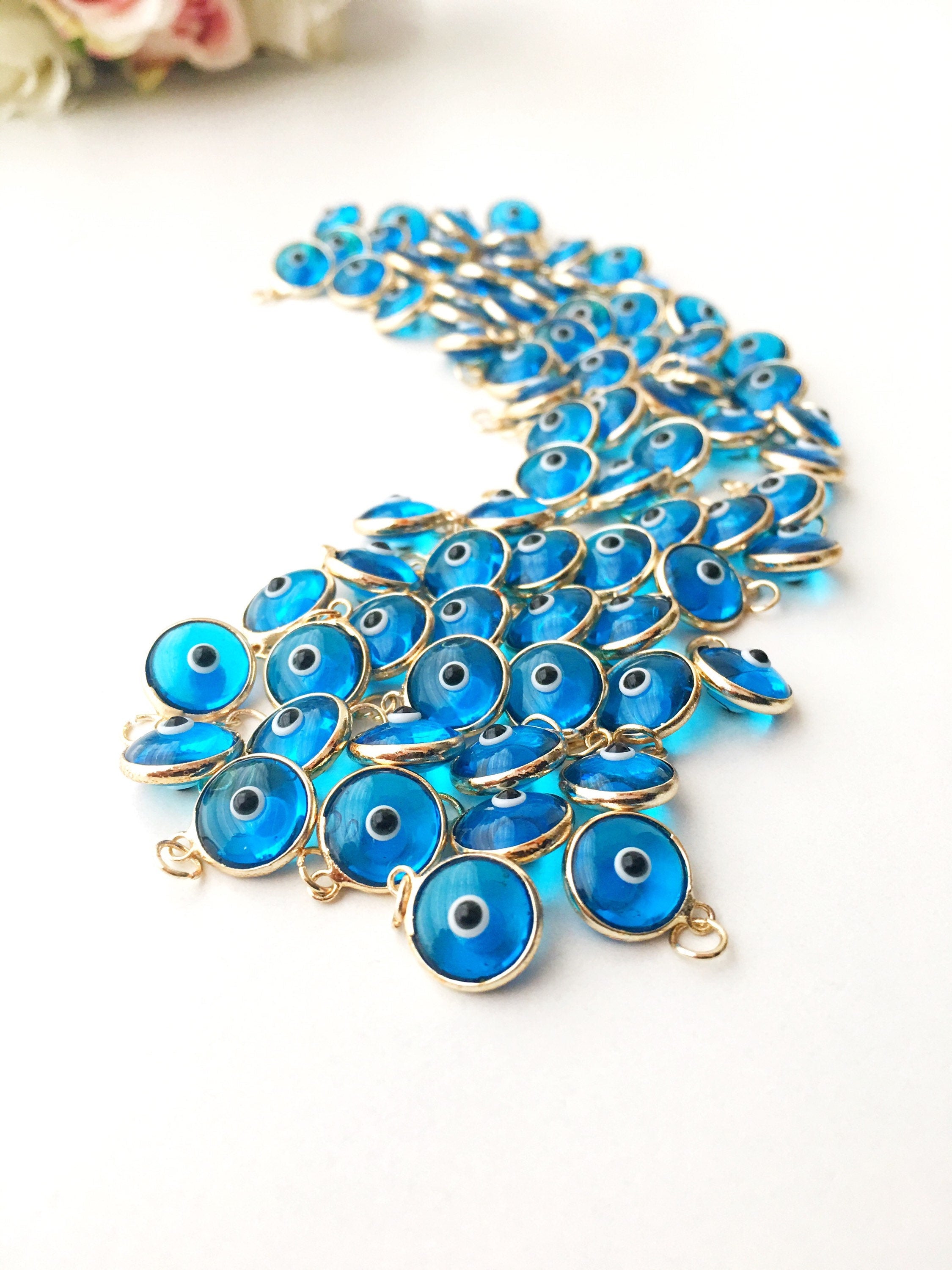 Gold evil eye charm, blue evil eye beads, glass evil eye charms,