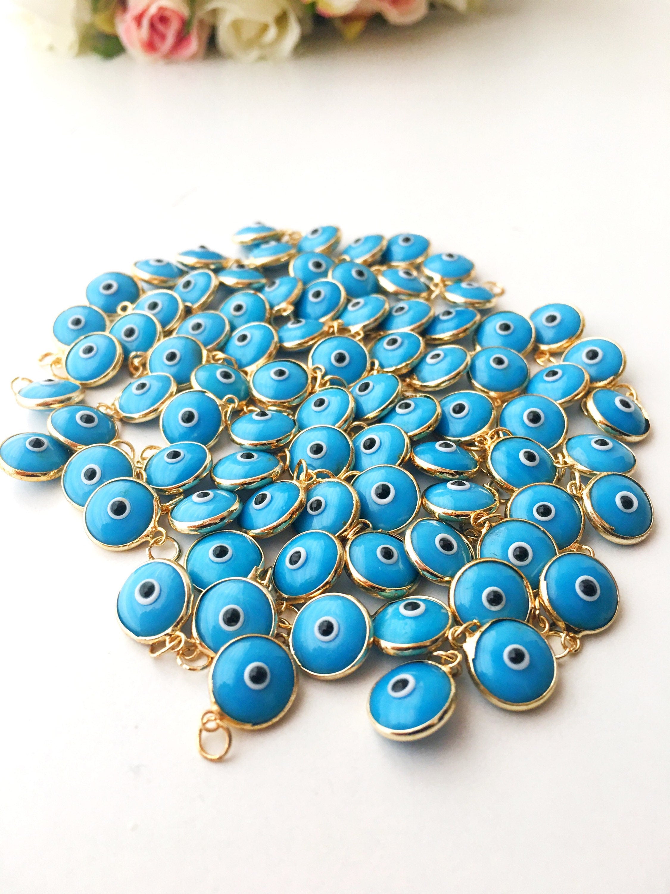 Gold evil eye charm, blue evil eye beads, glass evil eye charms,