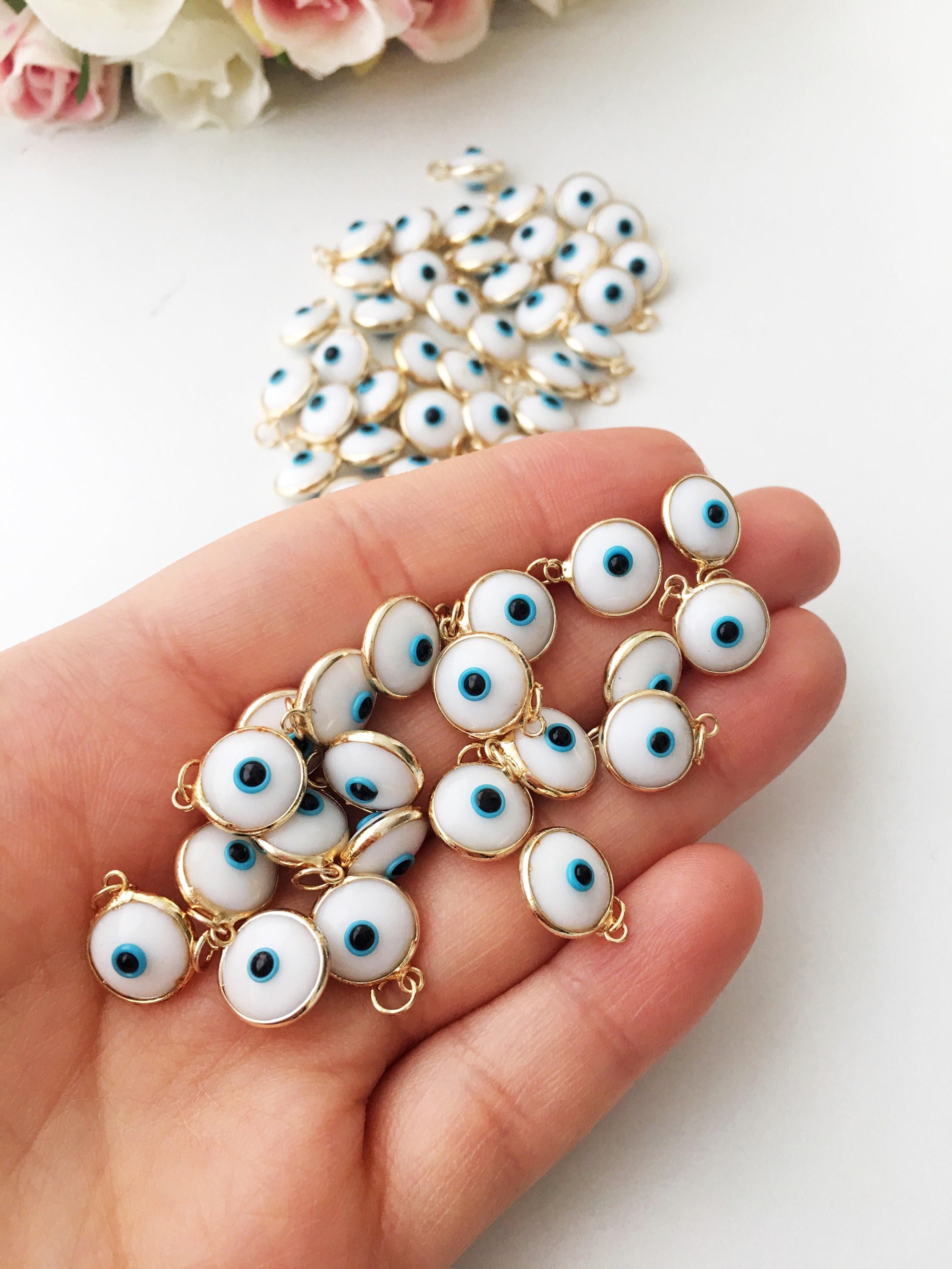 Gold evil eye charm, blue evil eye beads, glass evil eye charms,