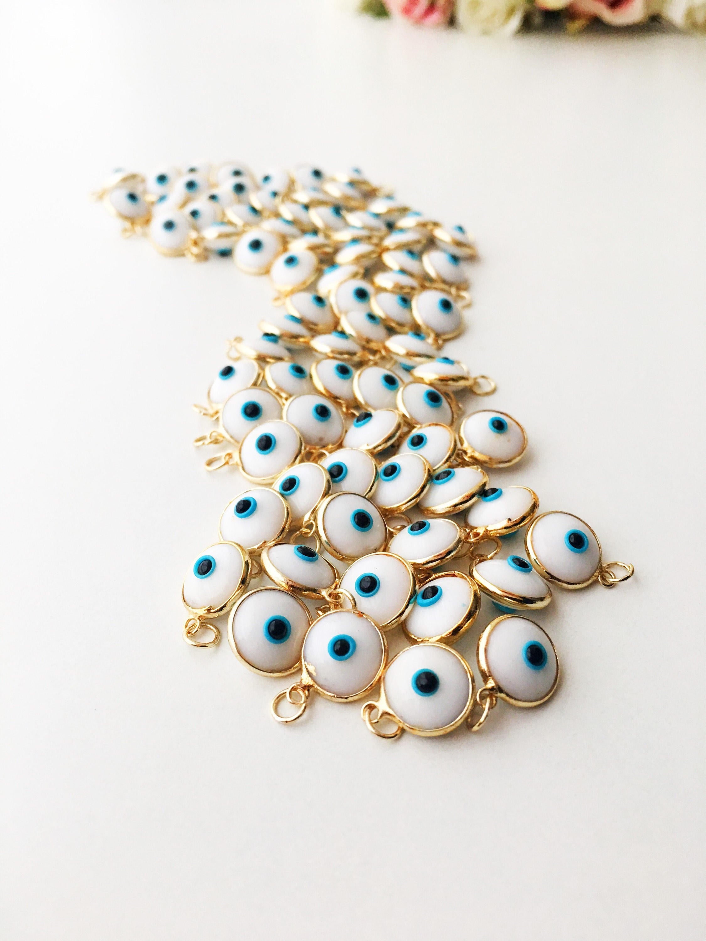 Gold evil eye charm, blue evil eye beads, glass evil eye charms,