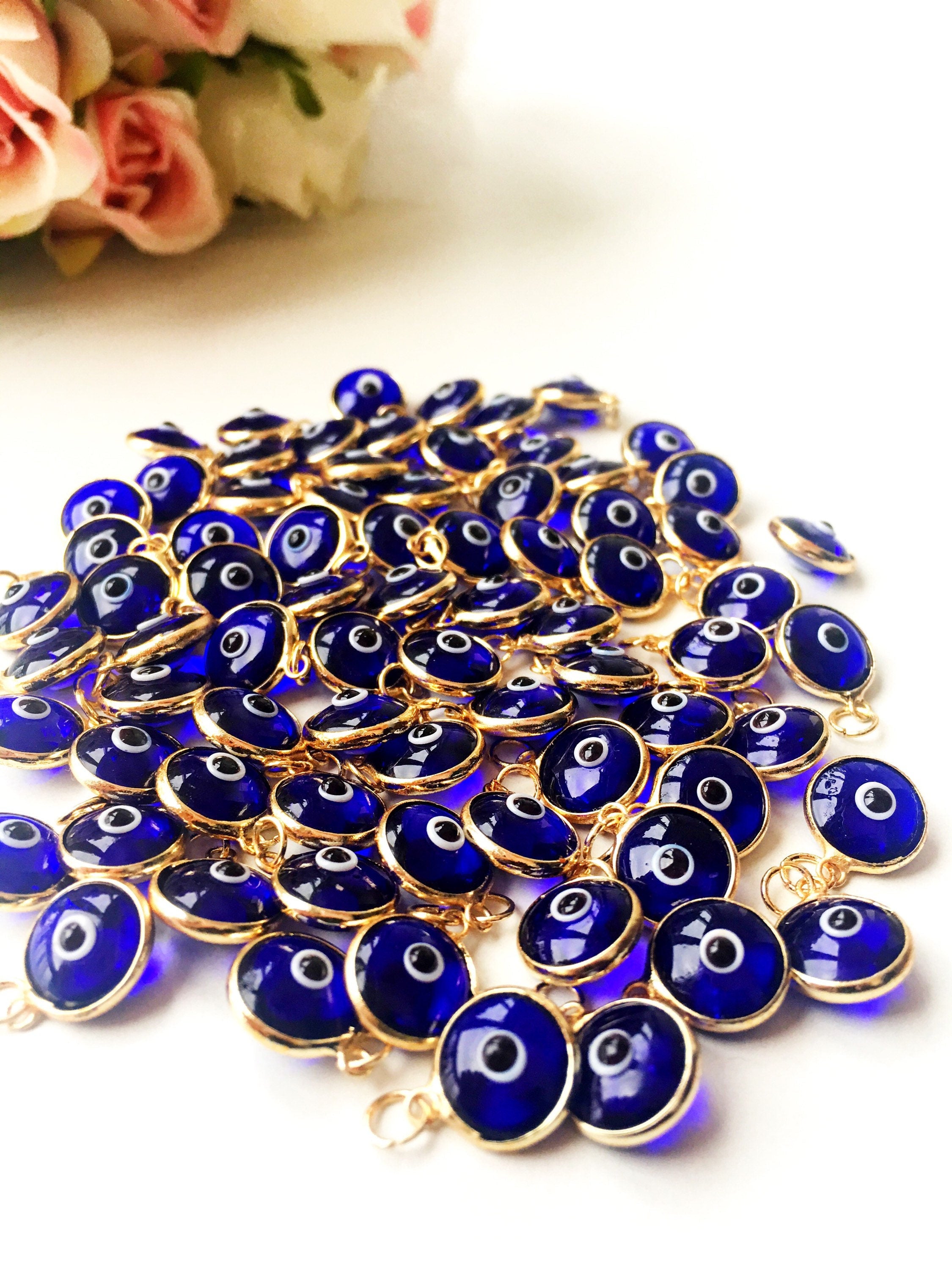 Gold evil eye charm, blue evil eye beads, glass evil eye charms,