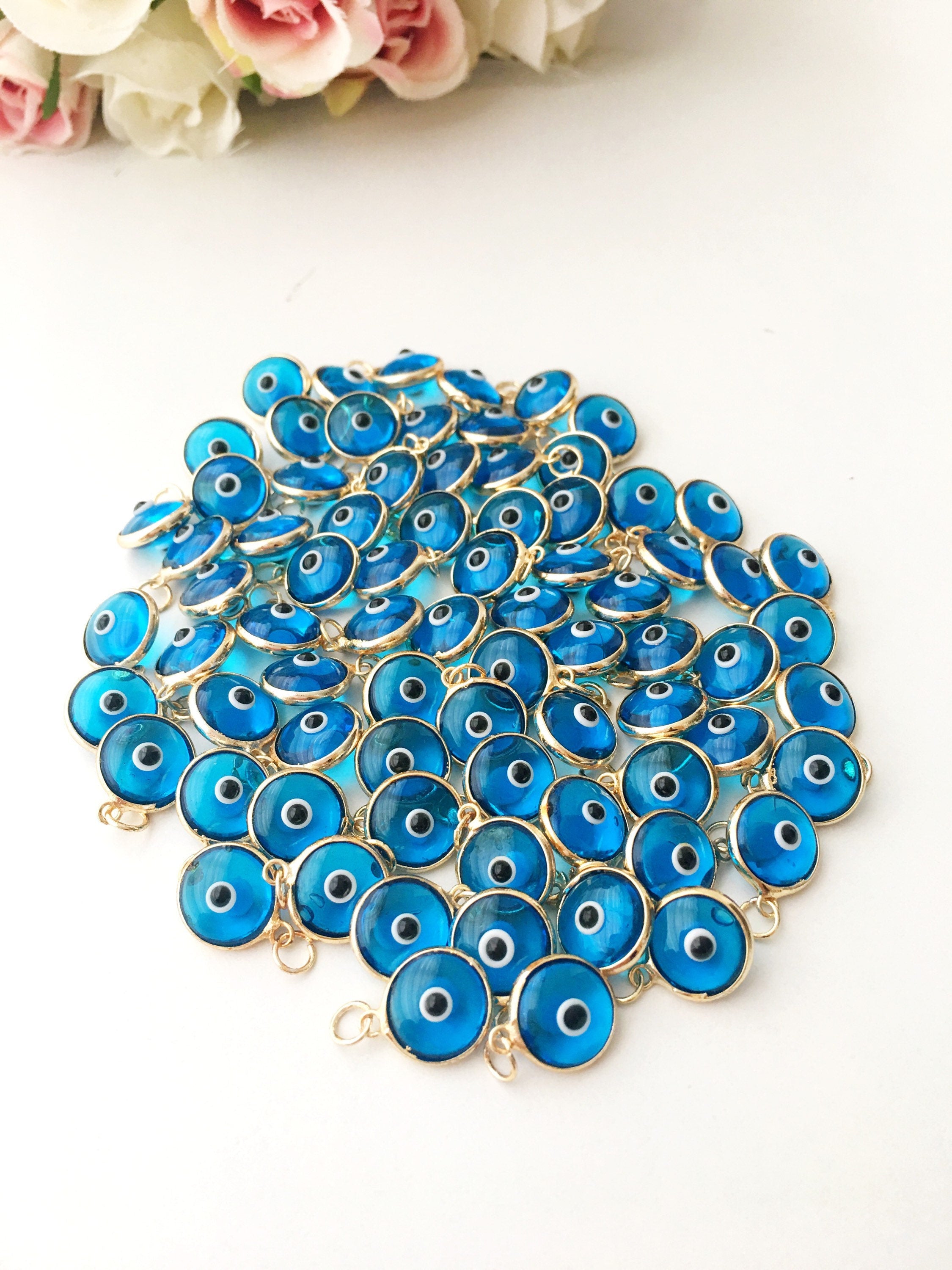Gold evil eye charm, blue evil eye beads, glass evil eye charms,